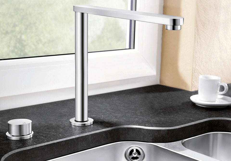 BLANCO Eloscope-F II Single Lever Kitchen Mixer Tap Extended in Front of a Window