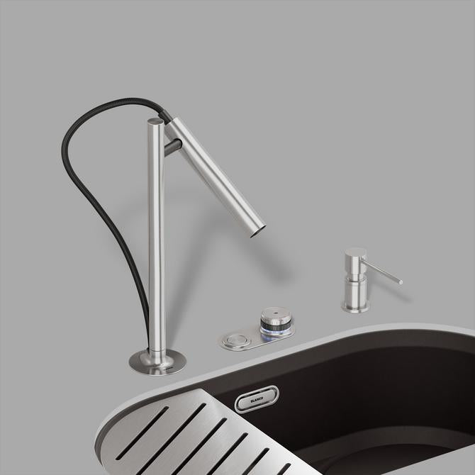 BLANCO Luneoo-S Single Lever Kitchen Mixer Tap with Handspray in Brushed Stainless Steel with Oovalon Sink