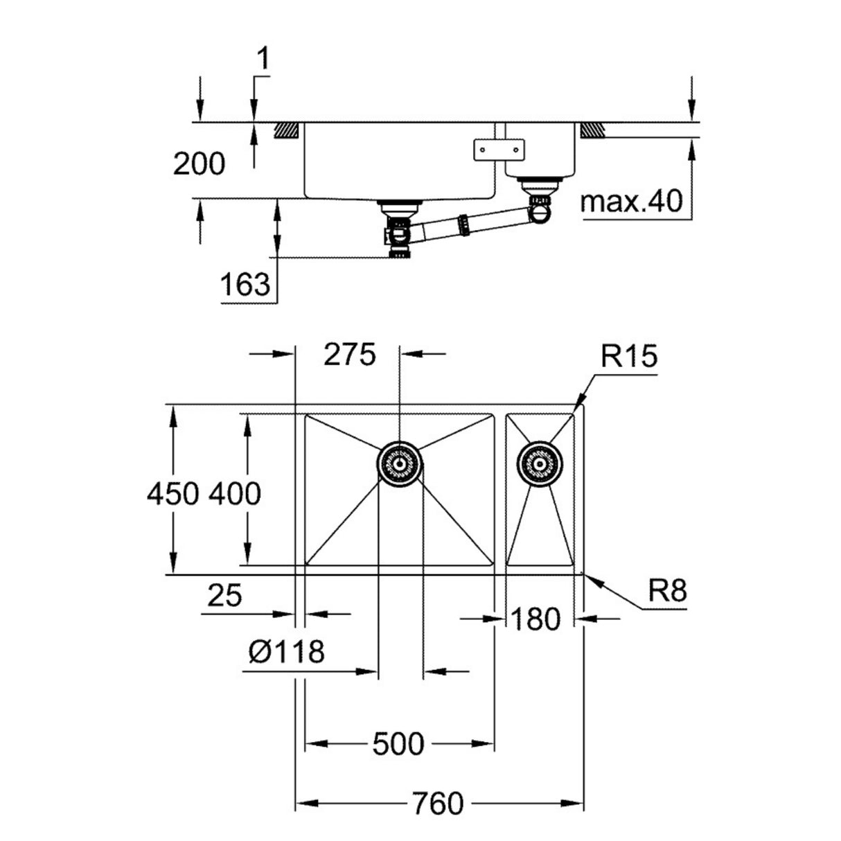 Technical drawing with dimensions for Grohe K700 Undermount One and Half Bowl Kitchen Sink for 800mm Cabinet in Stainless Steel Satin
