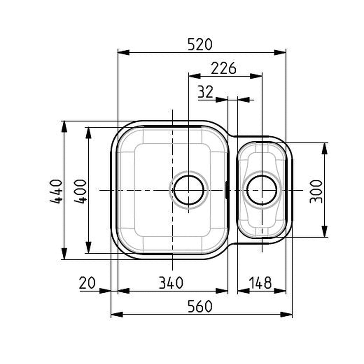 Technical Drawing with Dimensions for Alveus Duo 70 Undermount Sink For 600mm Cabinet in One and Half Bowl Stainless Steel