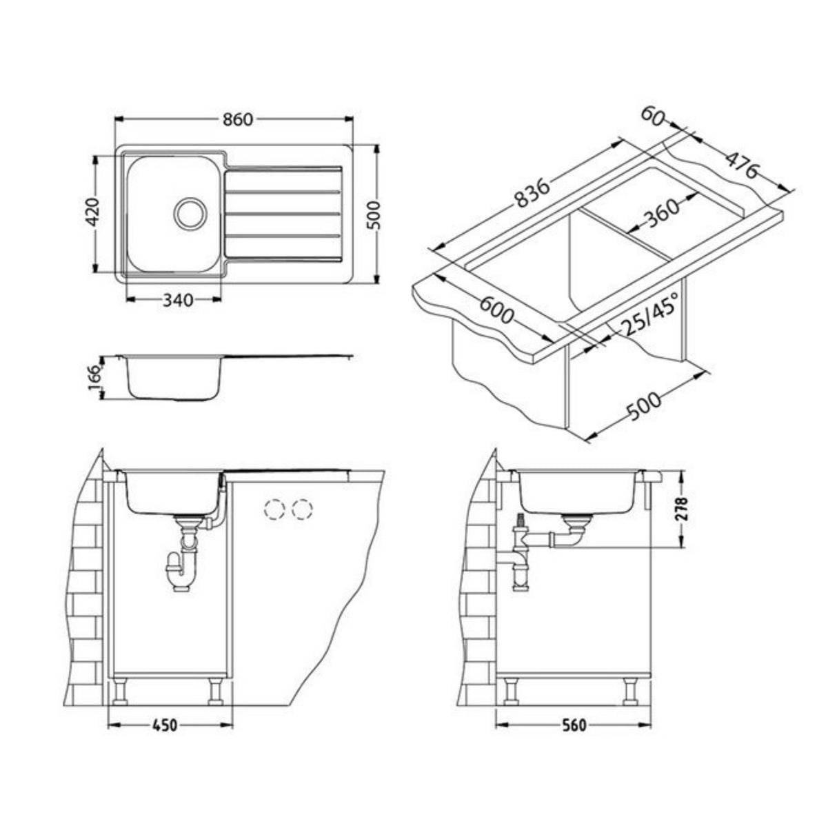 Technical Drawing with Dimensions for Alveus Line 20 Inset Sink for 450mm Cabinet in One and Half Bowl Stainless Steel