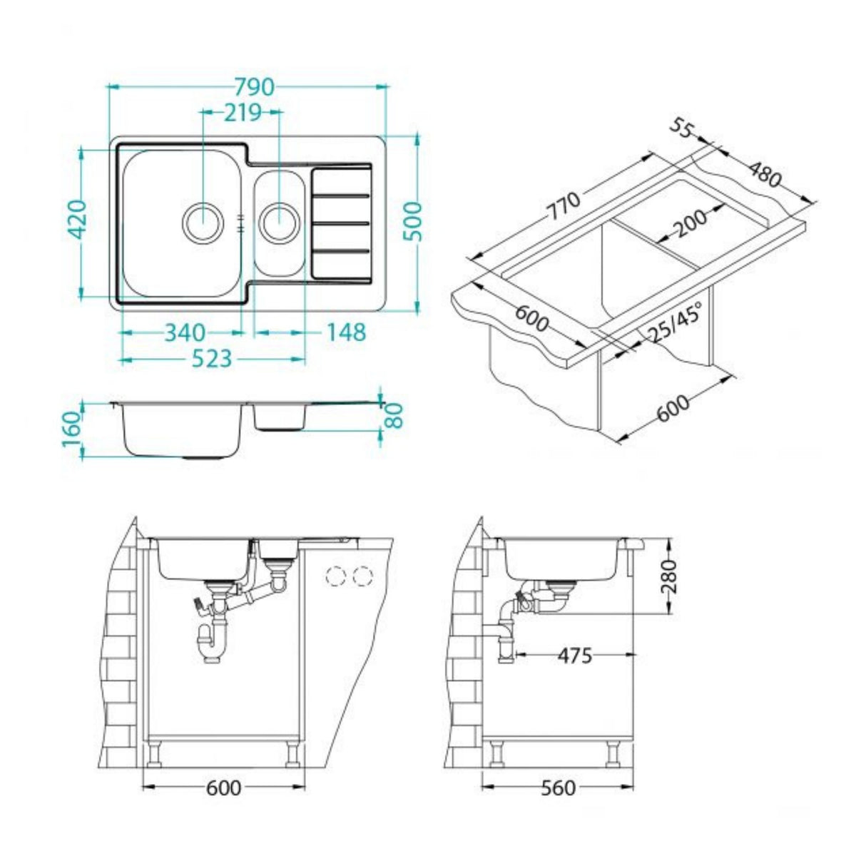 Technical Drawing with Dimensions for Alveus Line 70 Inset Sink For 500mm Cabinet in One and Half Bowl Stainless Steel