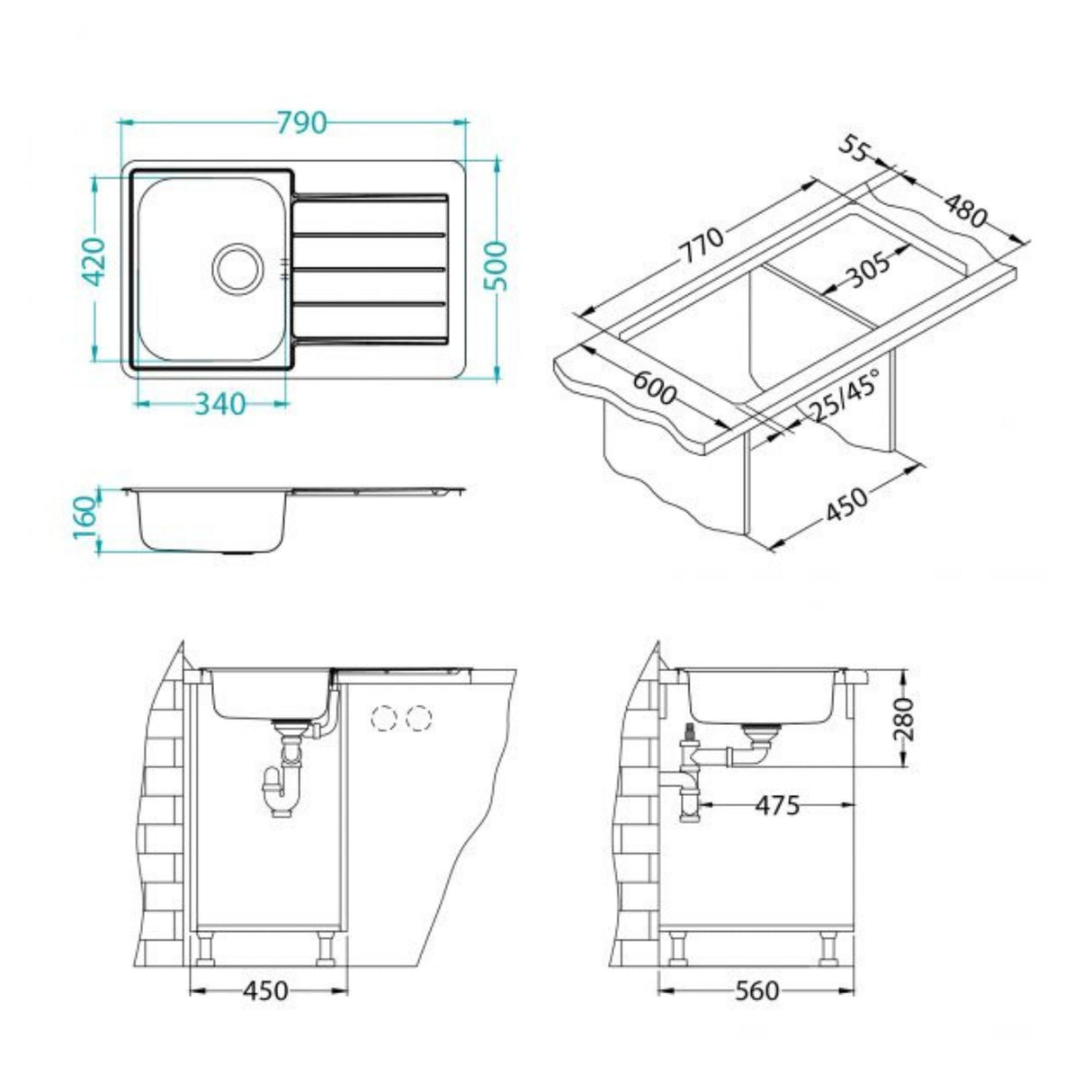 Technical Drawing with Dimensions for Alveus Line 80 Inset Sink for 450mm Cabinet in One and Half Bowl Stainless Steel