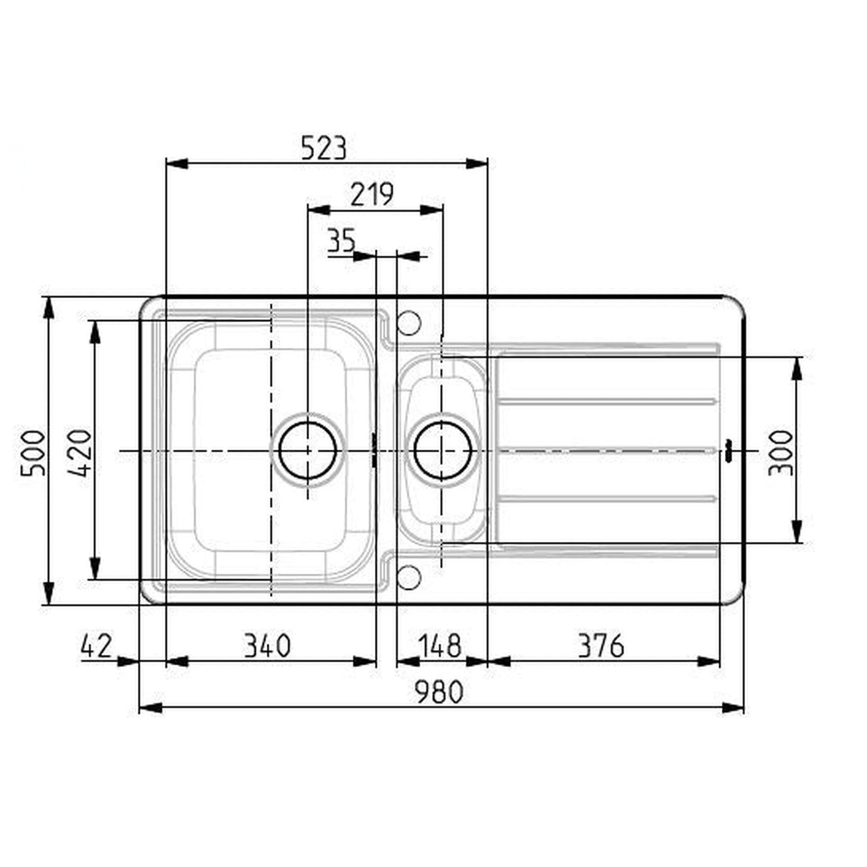 Technical Drawing with Dimensions for Alveus Line 10 Inset Sink For 600mm Cabinet In One and Half Bowl Stainless Steel