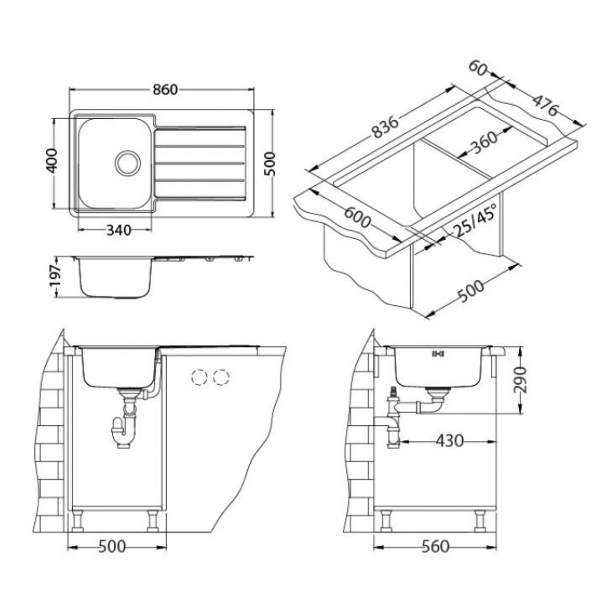 Technical Drawing with Dimensions for Alveus Line Maxim 20 Inset Sink For 500mm Cabinet In Single Bowl Single Drainer Stainless Steel