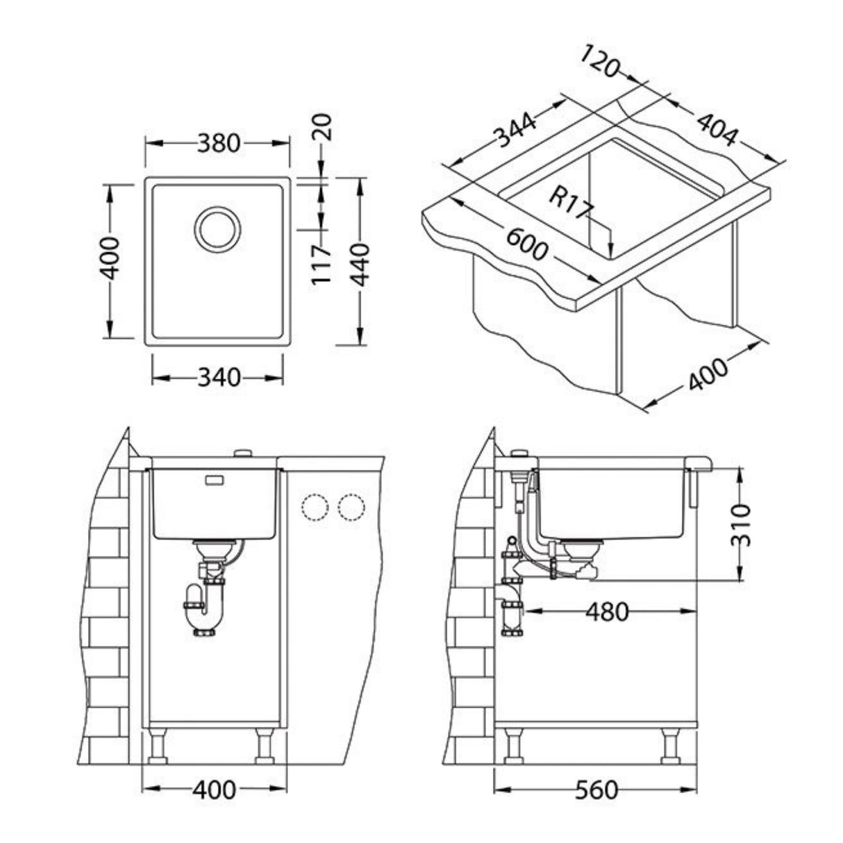 Technical drawing with dimensions for Alveus Kombino 20 Undermount Sink for 400mm Cabinet in Single Bowl Stainless Steel