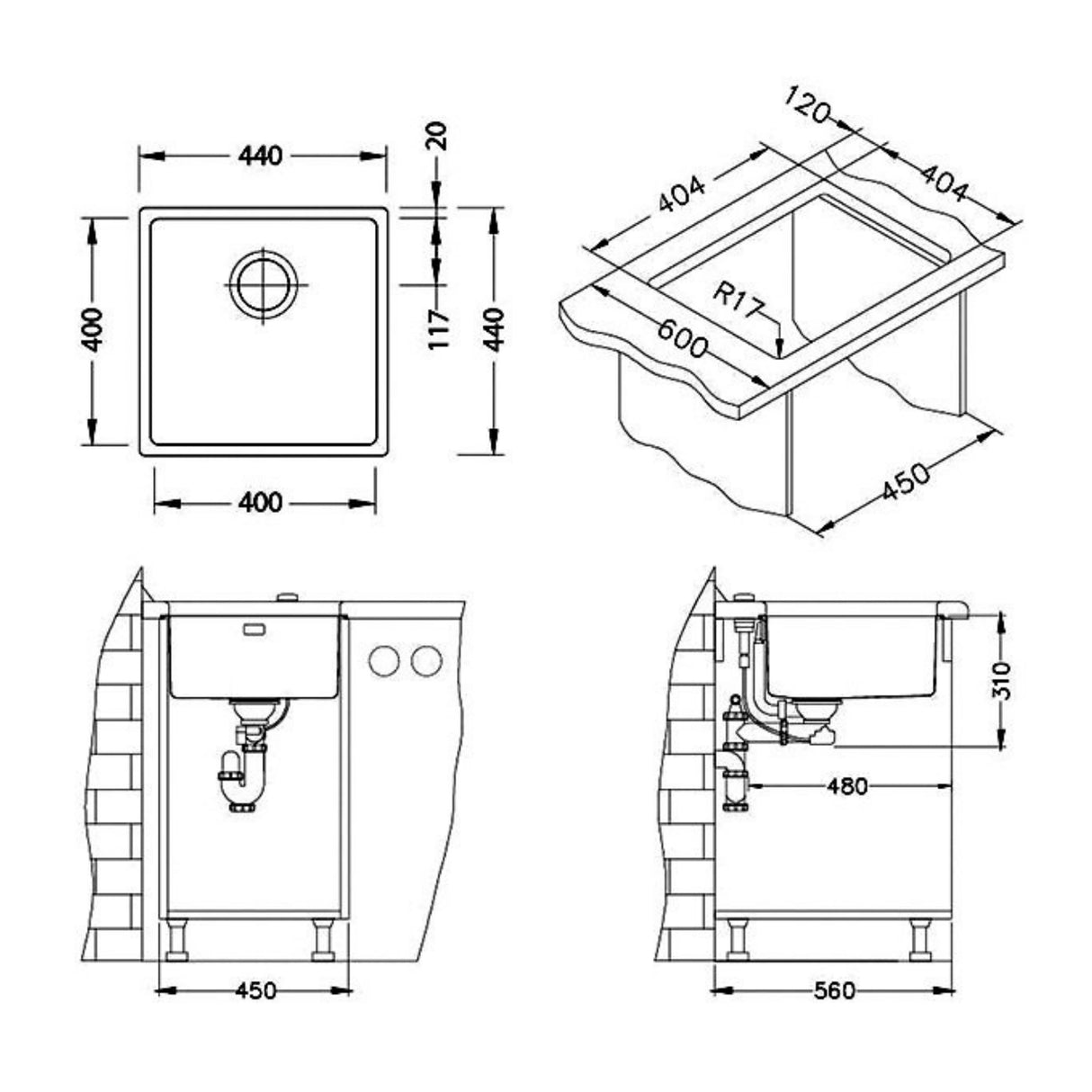 Technical Drawing with Dimensions for Alveus Kombino 30 Undermount Sink for 450mm Cabinet in Single Bowl Stainless Steel