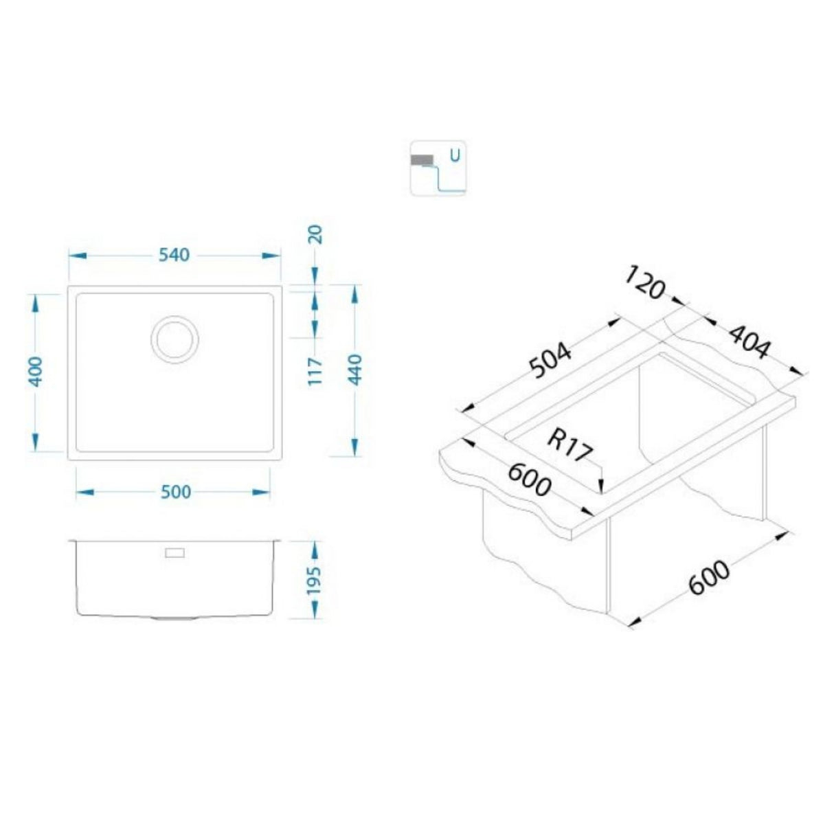 Technical drawing with dimensions for Alveus Kombino 50 Undermount Sink For 600mm Cabinet In Single Bowl Stainless Steel