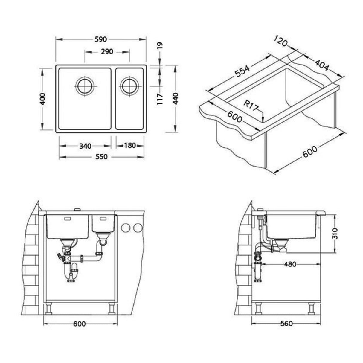 Technical Drawing with Dimensions for Alveus Kombino 120 Undermount Sink for 600mm Cabinet In One and Half Bowl Stainless Steel
