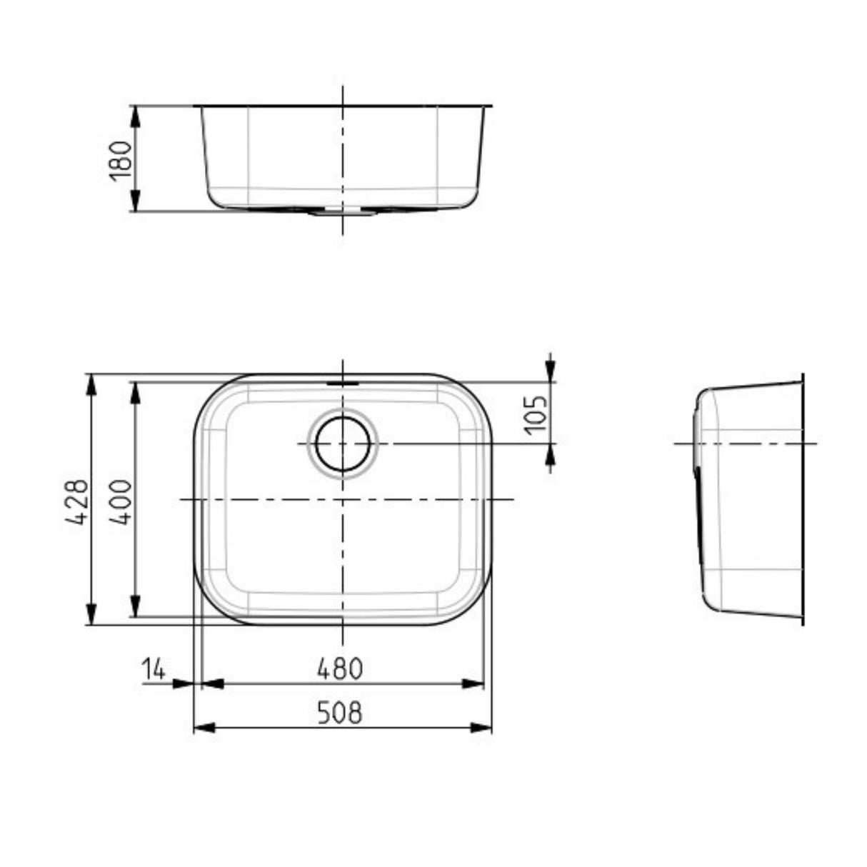 Technical drawing with dimensions for Alveus Monarch Variant 10 Undermount Sink for 800-900mm Cabinet in Single Bowl