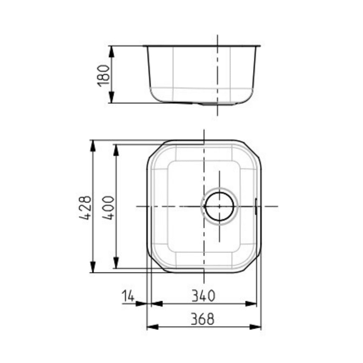 Technical Drawing with Dimensions for Alveus Monarch Variant 40 Undermount Sink for 300mm Cabinet in Single Bowl