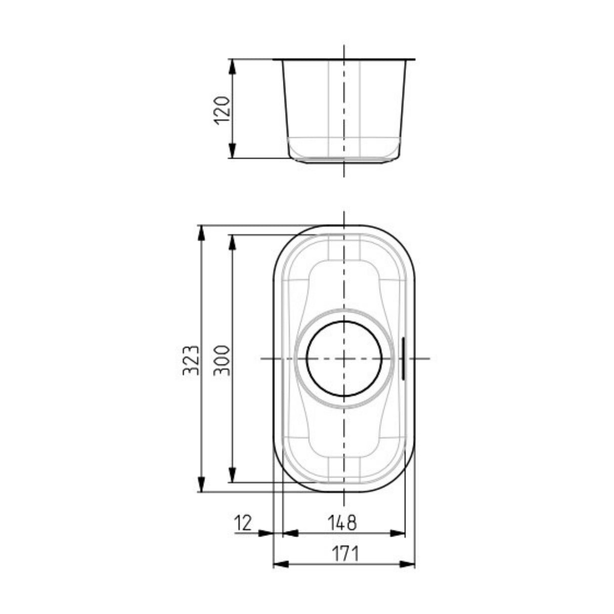 Technical Drawing with Dimensions for Alveus Monarch Variant 110 Undermount Sink for 400mm Cabinet in Single Bowl