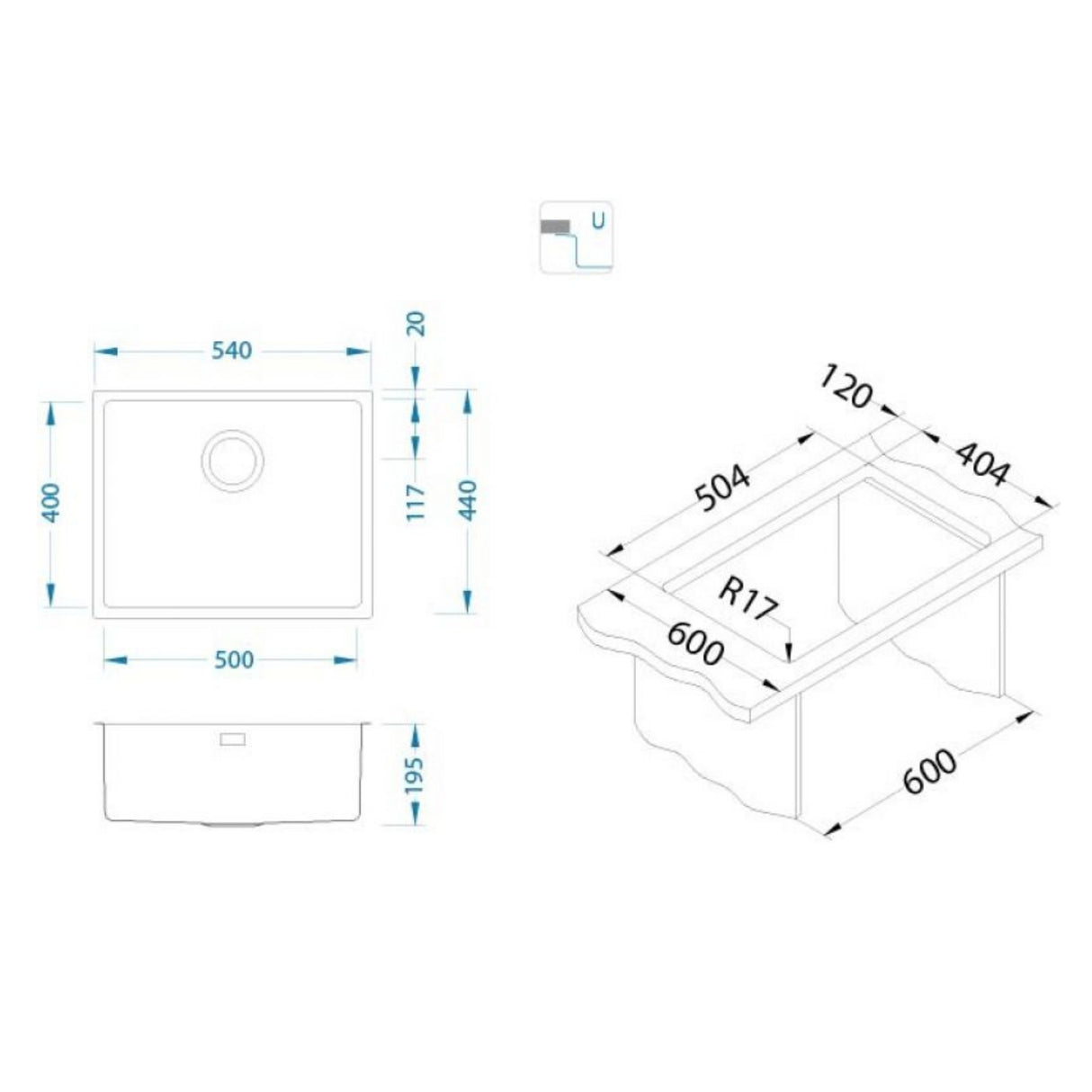 Technical drawing with dimensions for Alveus Monarch Kombino 50 Undermount Sink for 600mm Cabinet in Single Bowl Copper