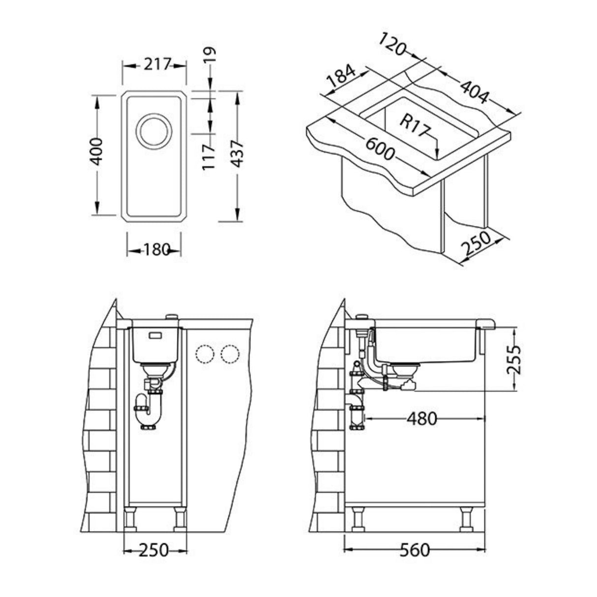 Technical drawing with dimensions for Alveus Monarch Kombino 10 Undermount Sink for 300mm Cabinet in Single Bowl Copper