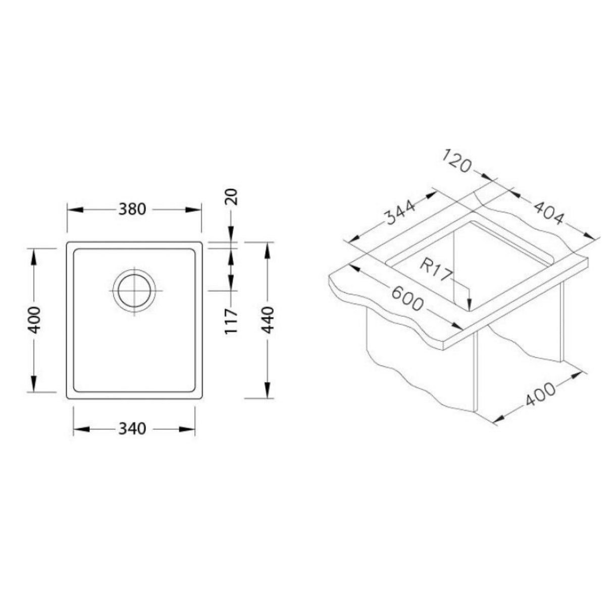 Technical drawing with dimensions for Alveus Monarch Kombino 20 Undermount Sink for 400mm Cabinet in Single Bowl