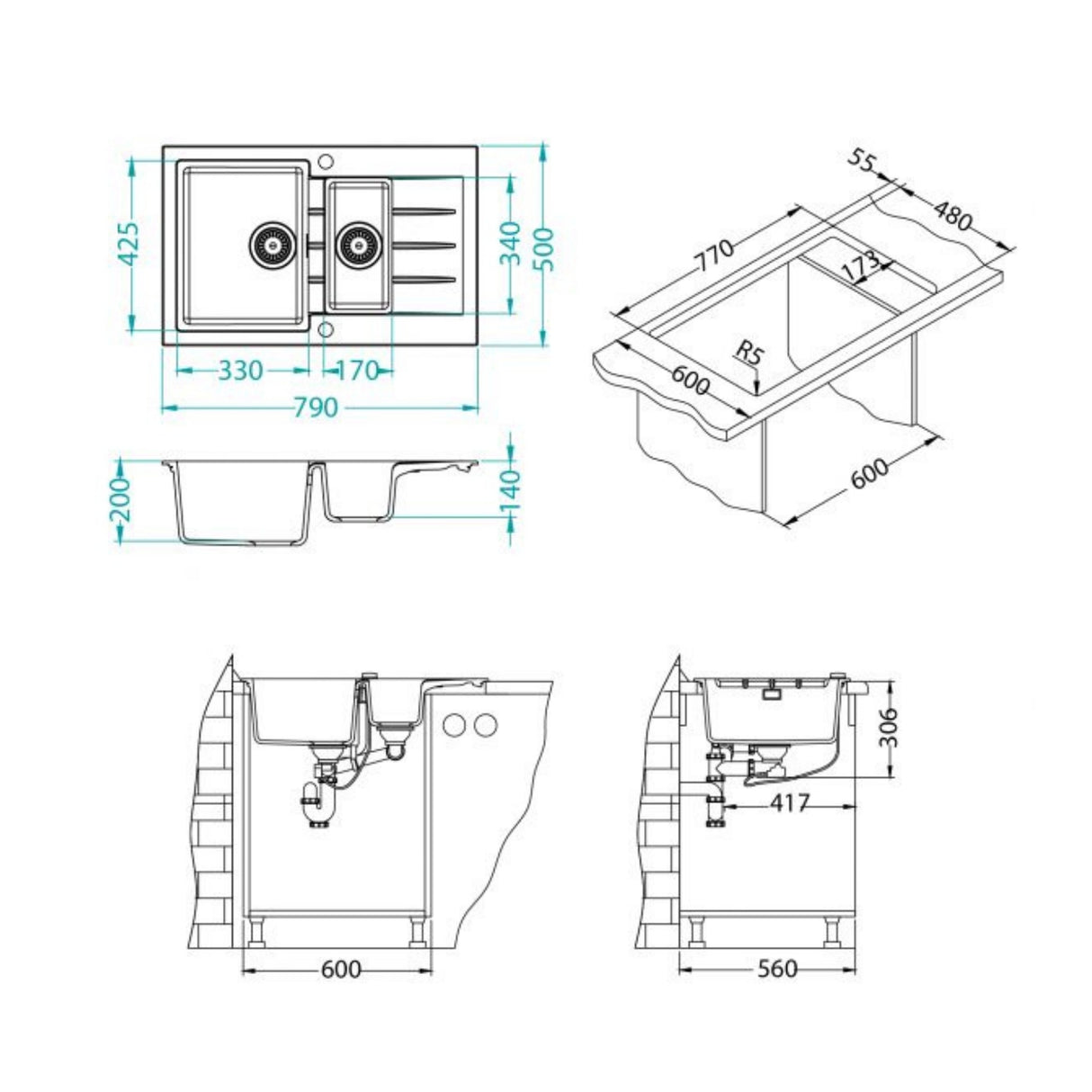 Technical drawing with dimensions for Alveus Cadit 70 Inset Sink for 600mm Cabinet in One and Half Bowl