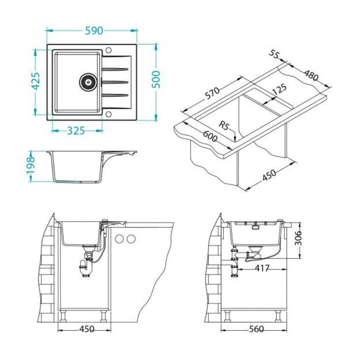 Technical drawing with dimensions for Alveus Cadit 10 Inset Sink for 450mm Cabinet in Single Bowl Single Drainer Carbon