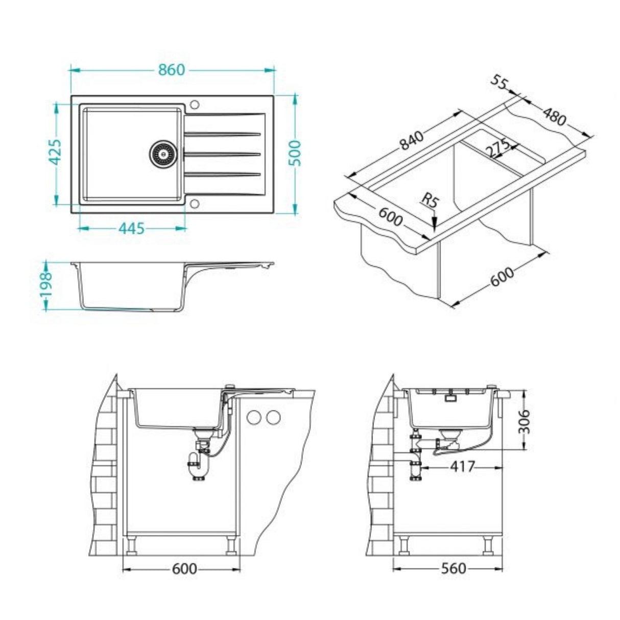 Technical drawing with dimensions for Alveus Cadit 40 Inset Sink for 600mm Cabinet in Single Bowl Single Drainer Carbon