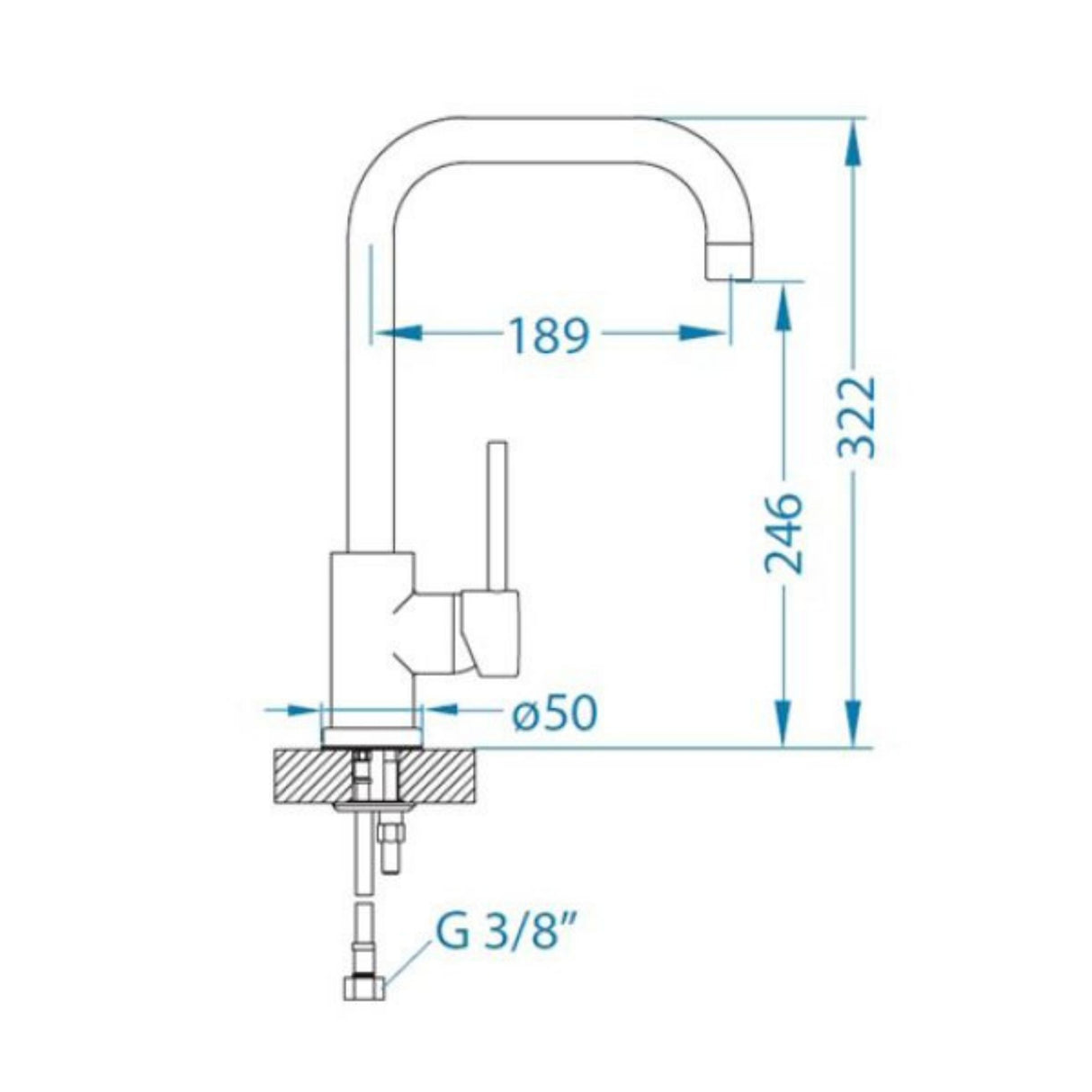 Technical Drawing with Dimensions for Alveus Oz Monarch Kitchen Mixer Tap with Single Lever