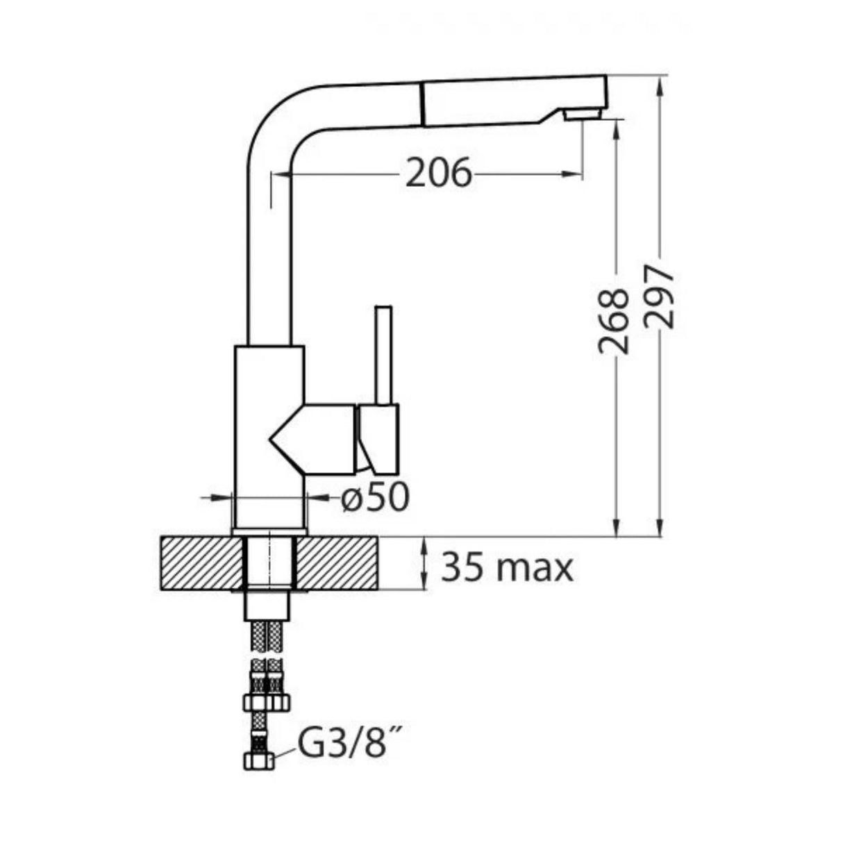 Technical Drawing with Dimensions for Alveus Siros-P Pull-Out L-Spout Kitchen Mixer Tap with Single Lever