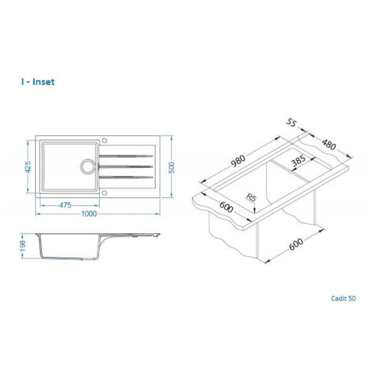 Technical drawing with dimensions for Alveus Cadit 50 Inset Sink for 600mm Cabinet in Single Bowl Single Drainer