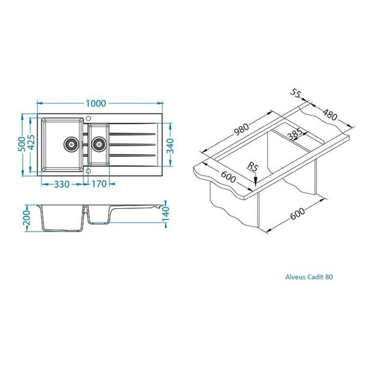 Technical drawing with dimensions for Alveus Cadit 80 Inset Sink for 600mm Cabinet in One and Half Bowl