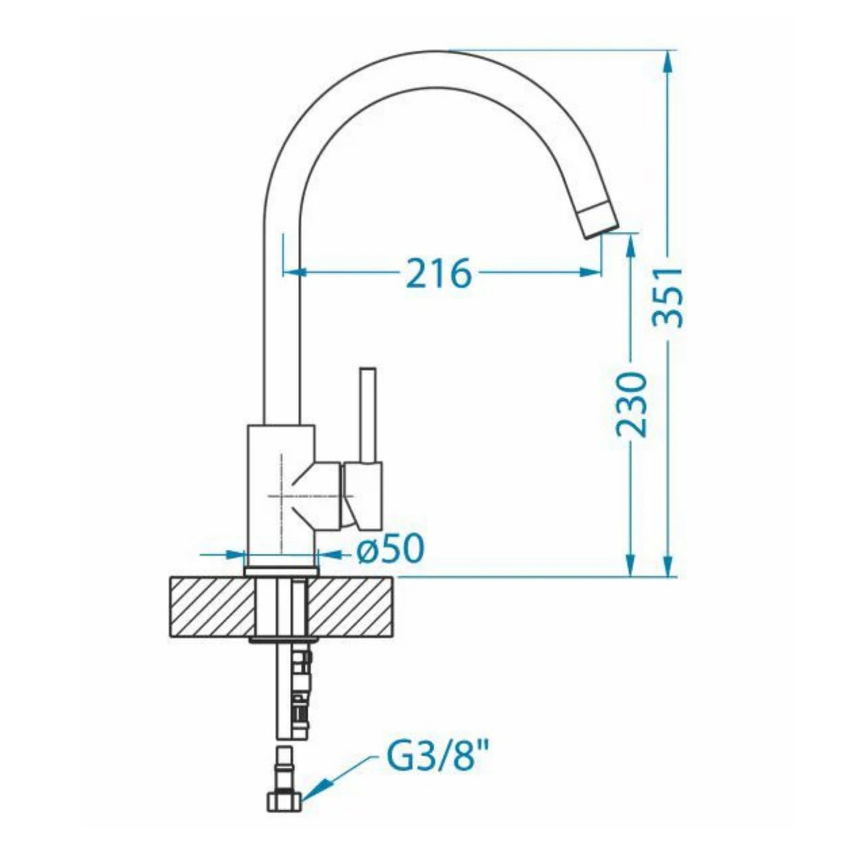 Technical Drawing with Dimensions for Alveus Roxa Kitchen Mixer Tap in Granital Concrete Finish with Single Lever Control