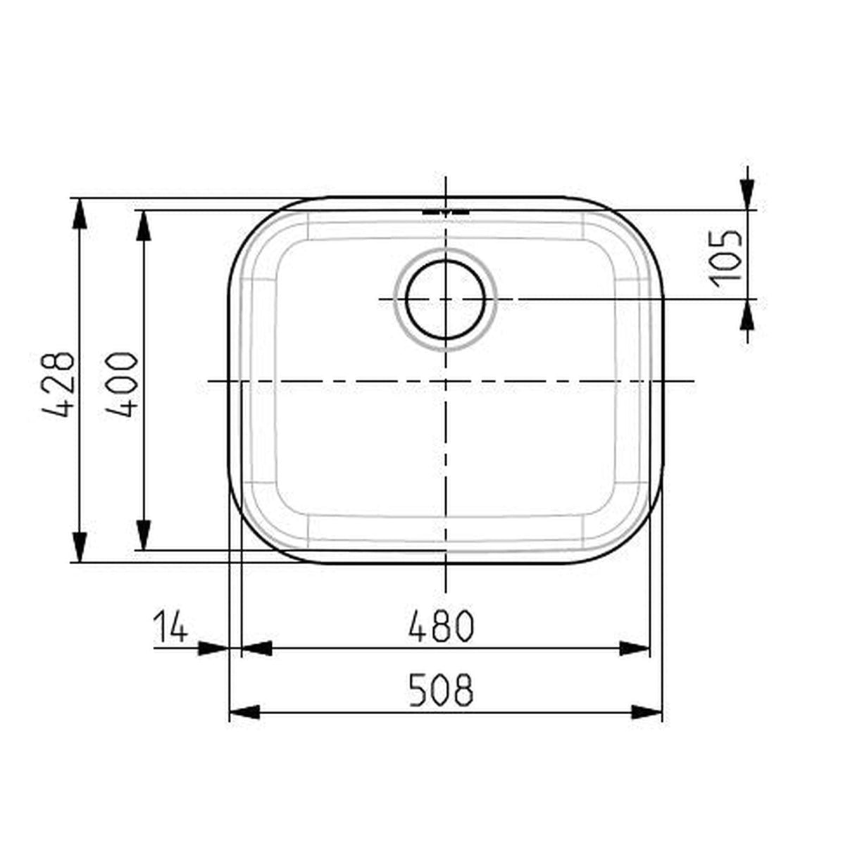 Technical Drawing with Dimensions for Alveus Monarch Variant 10 Undermount Sink For 600mm Cabinet In Single Bowl Stainless Steel