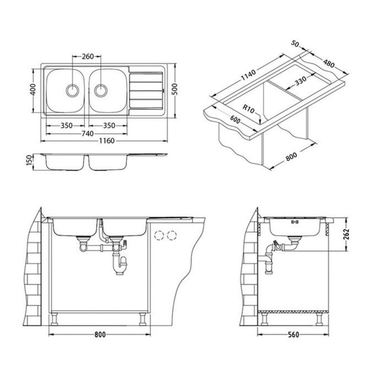 Technical Drawing with Dimensions for Alveus Line 100 Inset Sink For 800mm Cabinet In Double Bowl Single Drainer Stainless Steel