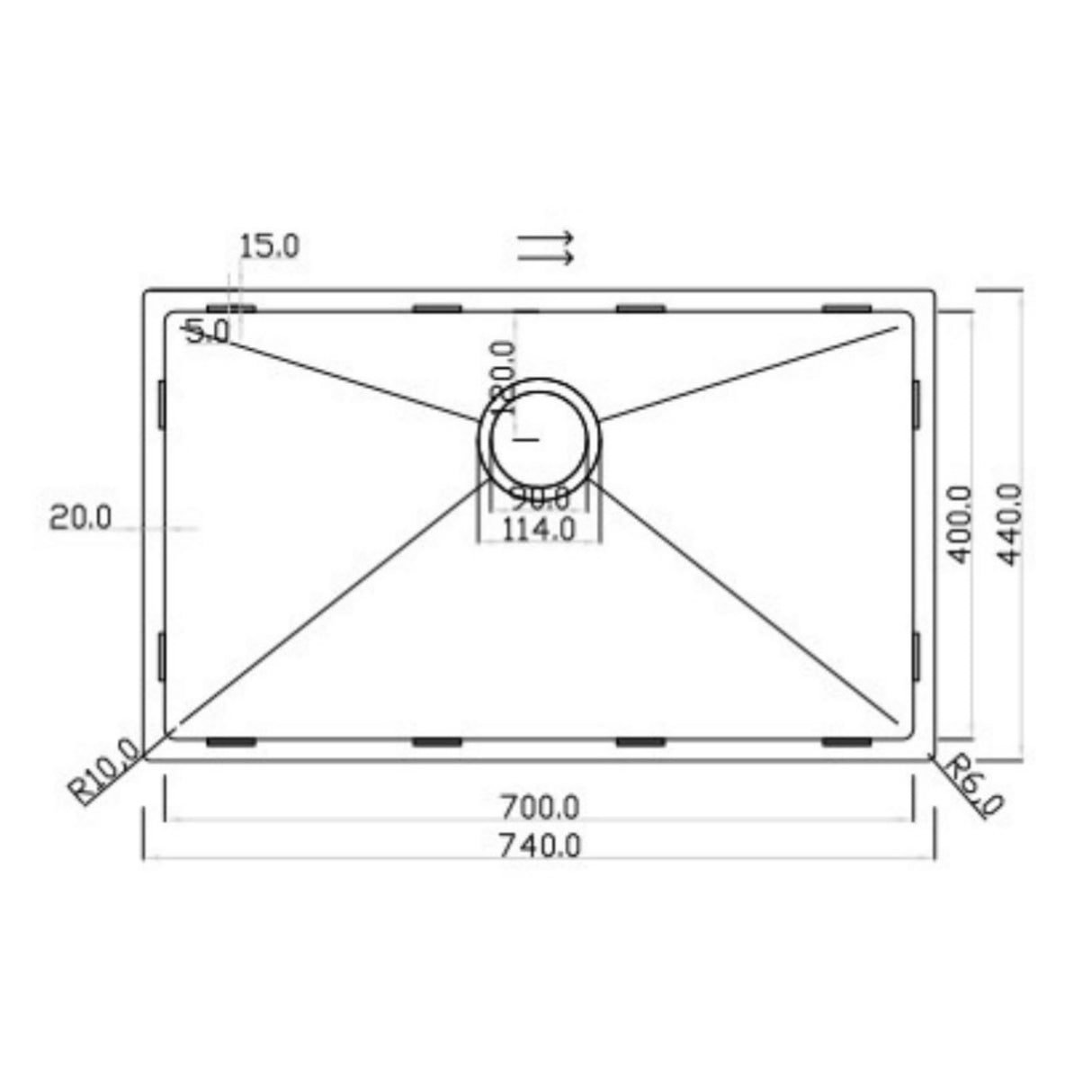 Technical Drawing with Dimensions for Rangemaster Kube Undermount Inset Mount Single Bowl Kitchen Sink For 800mm Cabinet in Stainless Steel Brushed