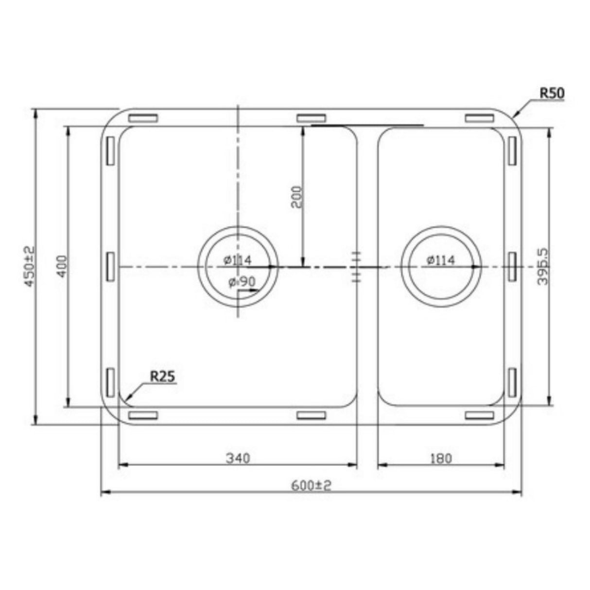 Technical Drawing with Dimensions for Rangemaster Quad Undermount Inset Mount One and Half Bowl Kitchen Sink For 800mm Cabinet in Stainless Steel