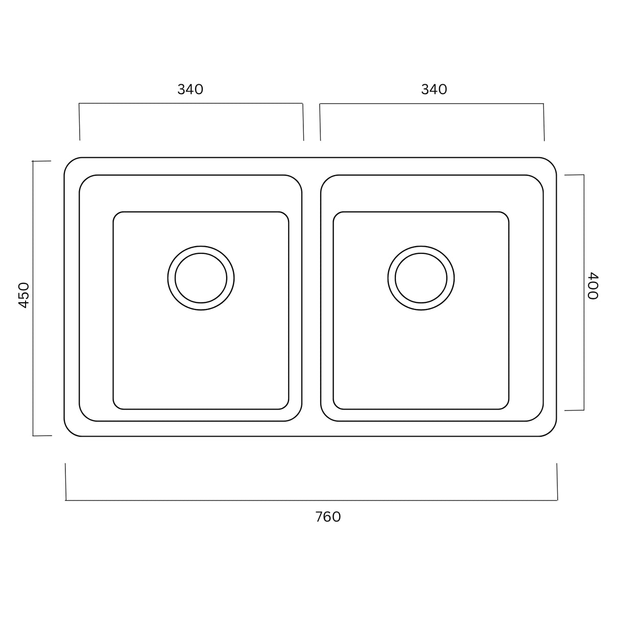 Technical Drawing with Dimensions for Rangemaster Quad Undermount Inset Mount Double Bowl Kitchen Sink For 800mm Cabinet in Stainless Steel