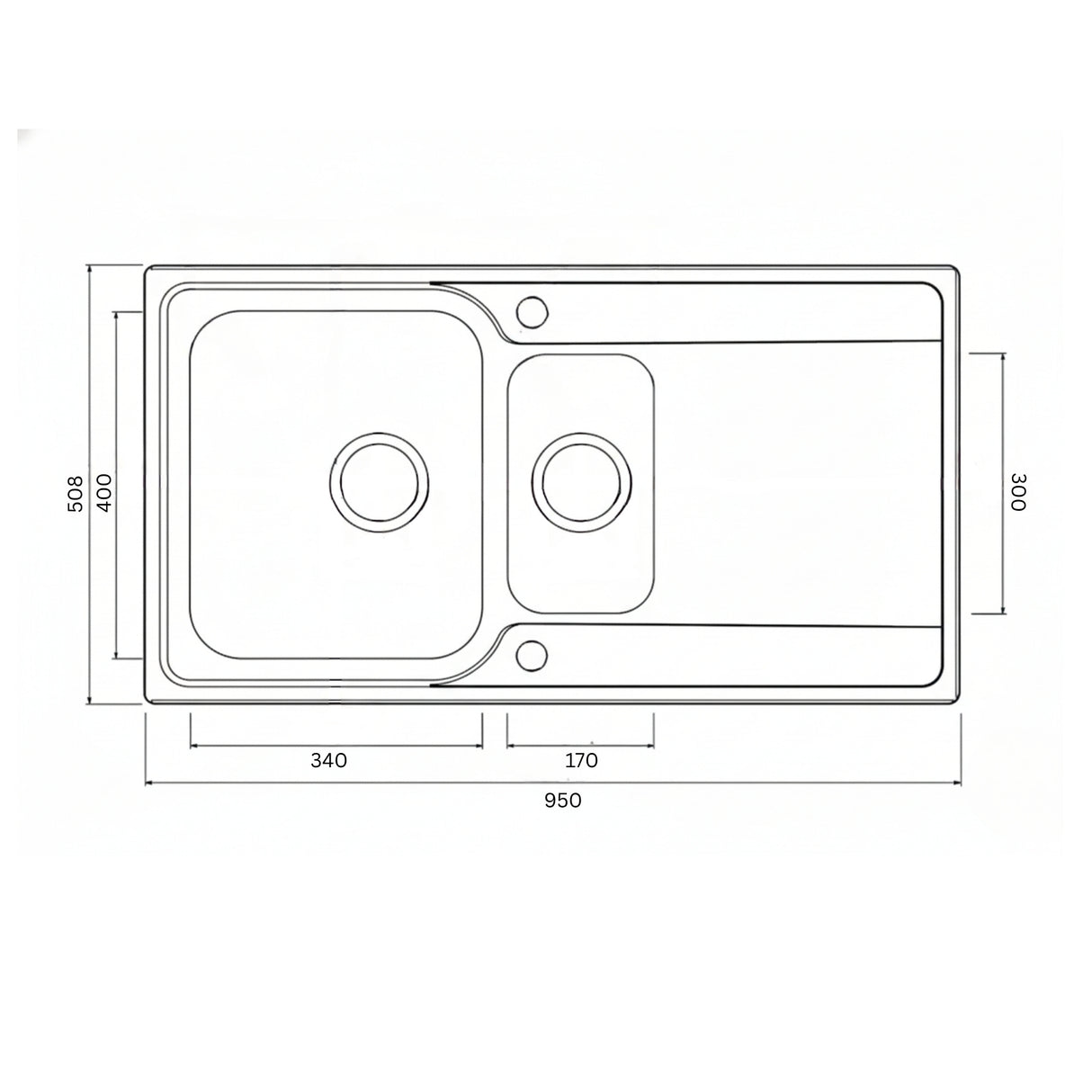Technical Drawing with Dimensions for Rangemaster Iconica Inset Mount One and Half Bowl Kitchen Sink For 600mm Cabinet in Stainless Steel