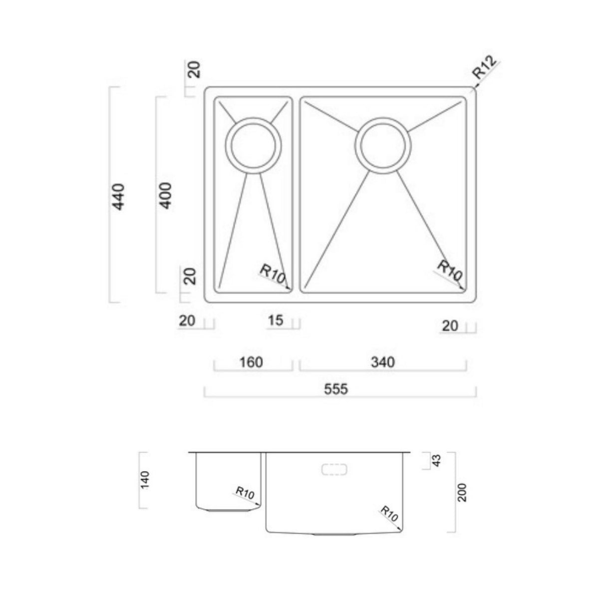 Technical Drawing with Dimensions for Rangemaster Spectra Undermount Left hand - Inset Mount One and Half Bowl Kitchen Sink For 600mm Cabinet in Stainless Steel
