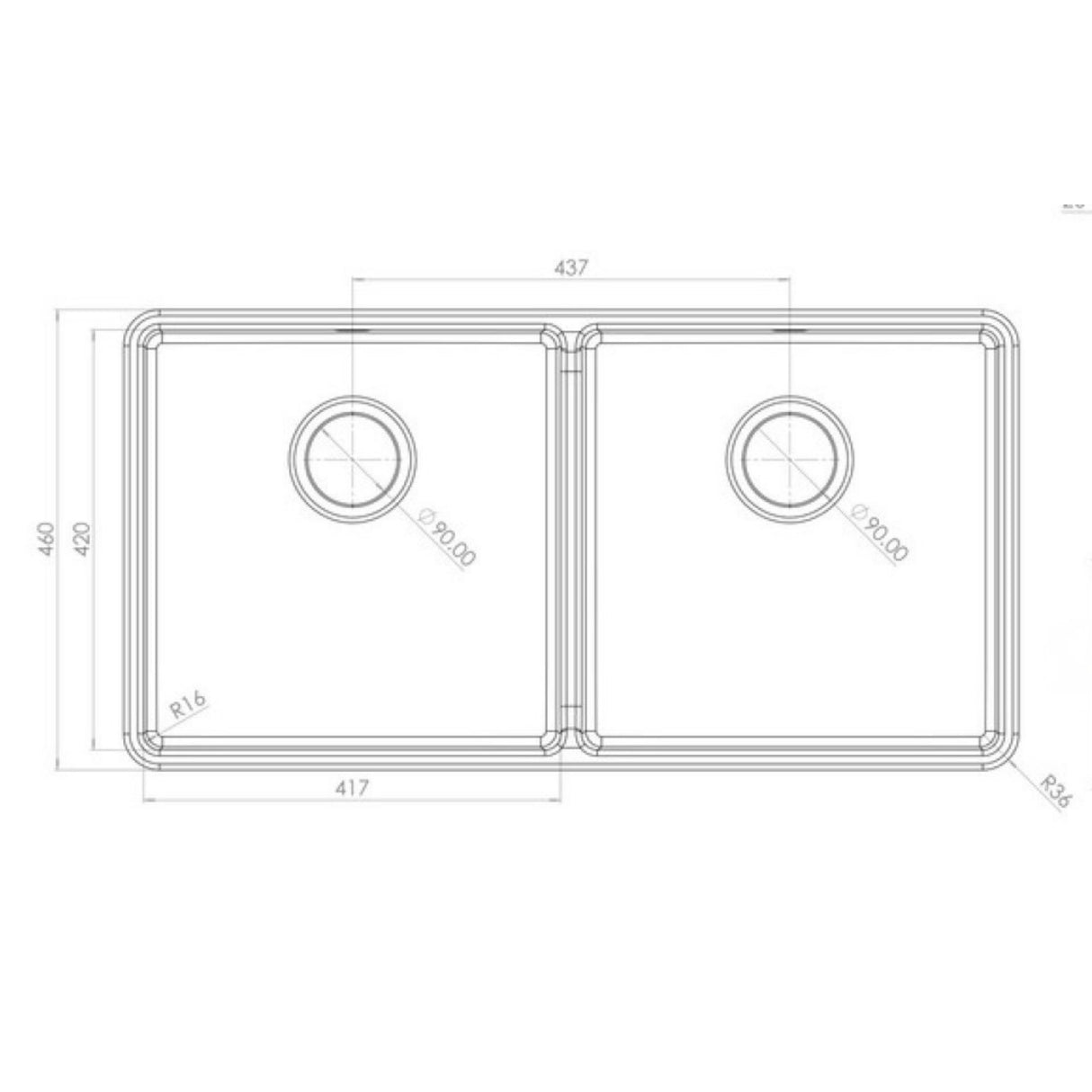 Technical Drawing with Dimensions for Rangemaster Farmhouse Belfast Mount Double Bowl with Kitchen Sink for 900mm Cabinet