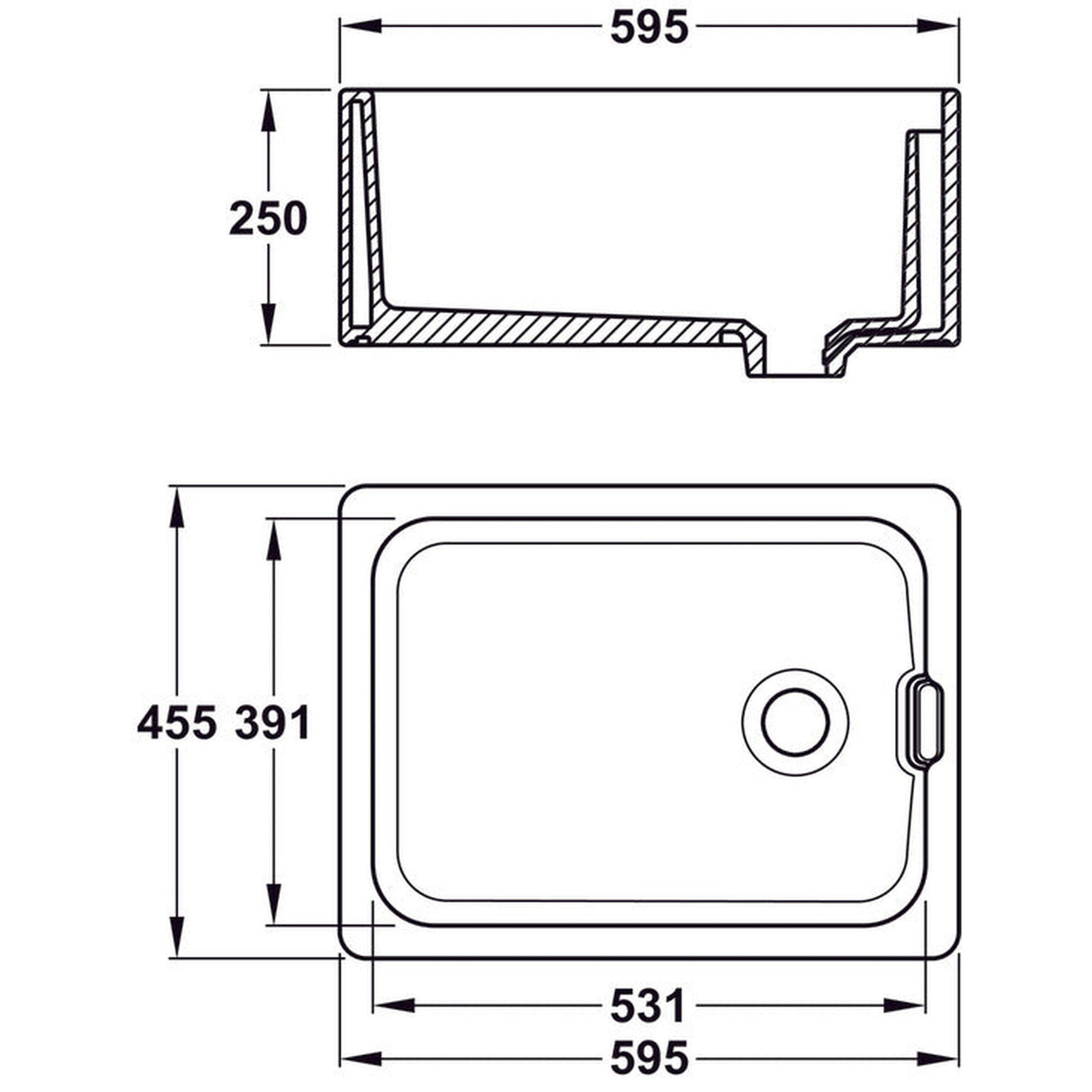 Technical Drawing with Dimensions for Bidbury & Co. Belfast Mount Single Bowl Kitchen Sink For 600mm Cabinet in Ceramic White