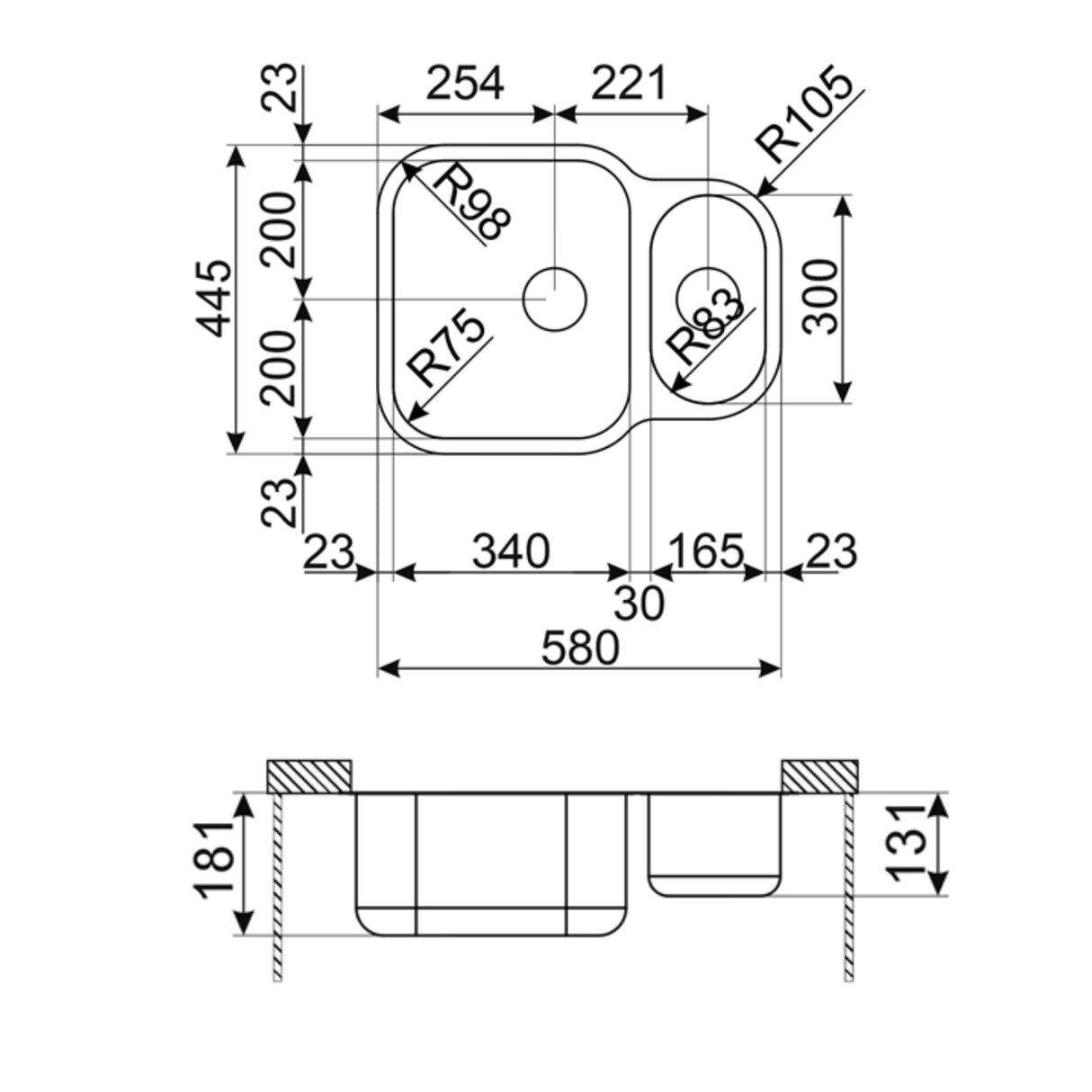 Technical Drawing with Dimensions for Smeg Alba Undermount One and Half Bowl Kitchen Sink For 600mm Cabinet in Stainless Steel Brushed
