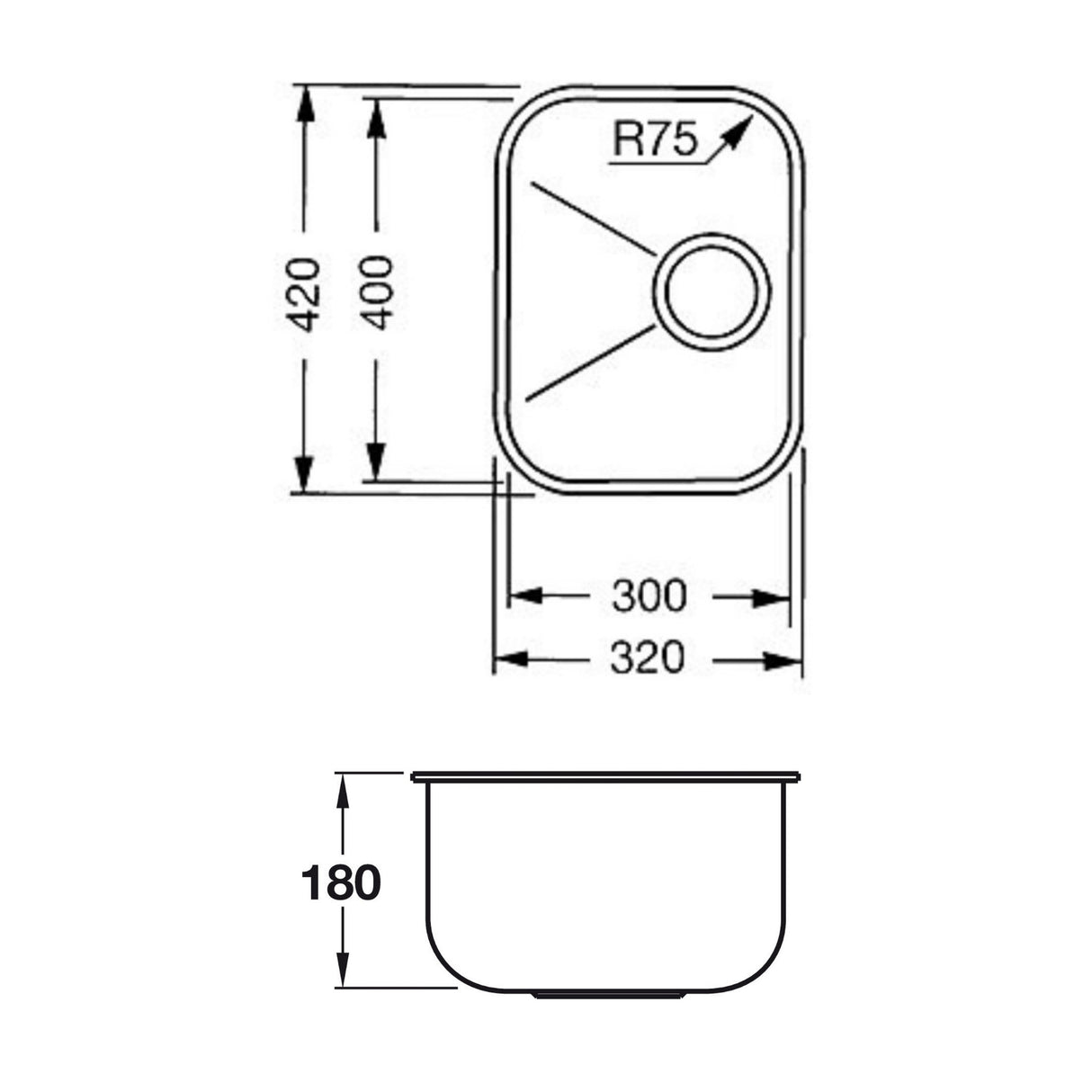 Technical Drawing with Dimensions for Smeg Alba Undermount Single Bowl Kitchen Sink for 400 mm Cabinet in Stainless Steel Brushed