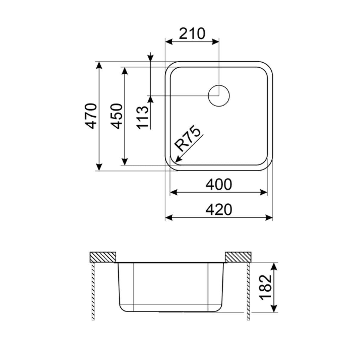 Technical Drawing with Dimensions for Smeg Alba Undermount Single Bowl Kitchen Sink for 500 mm Cabinet in Stainless Steel Brushed