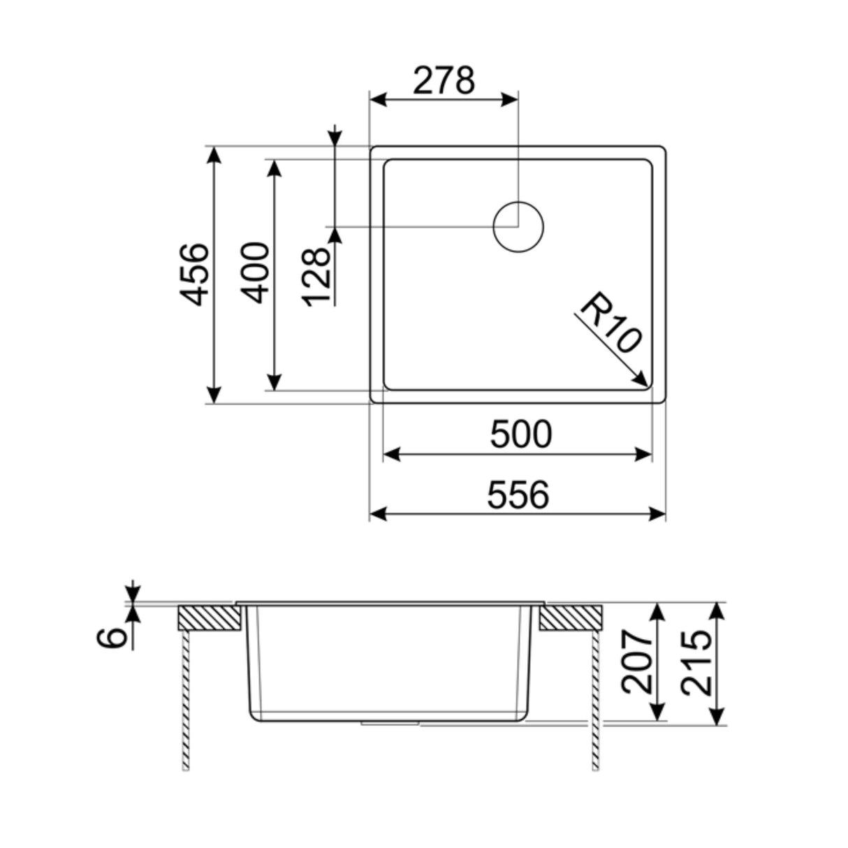 Technical Drawing with Dimensions for Smeg Quadra Undermount Inset Mount Single Bowl Composite Kitchen Sink For 600mm Cabinet in Stainless Steel