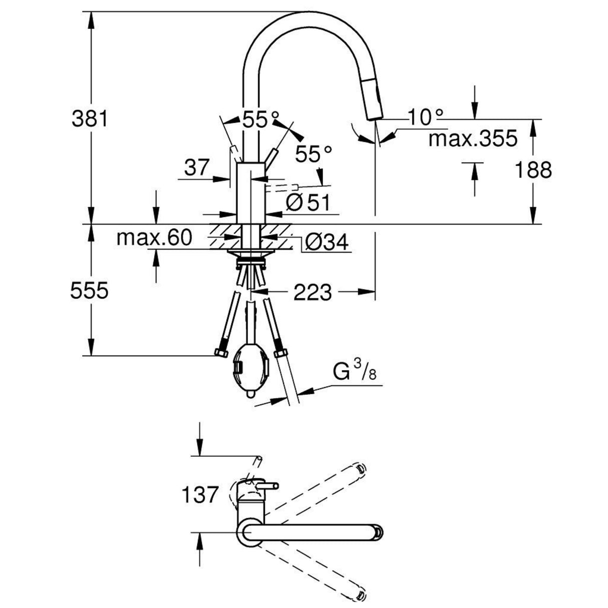 Technical drawing with dimensions for Grohe Concetto Pull Out C-Spout Kitchen Mixer Tap with Single Lever Control & Contemporary Sleek Design