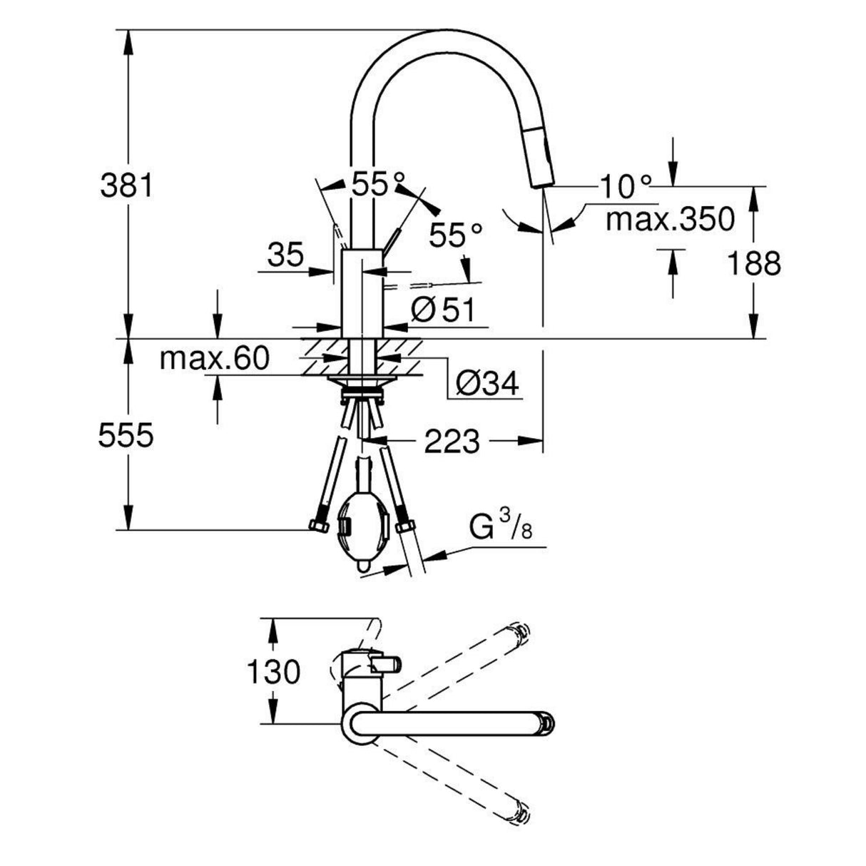 Grohe Eurosmart Cosmo Pull Out Kitchen Mixer Tap in Chrome with Single Panel Lever & Modern Aesthetic