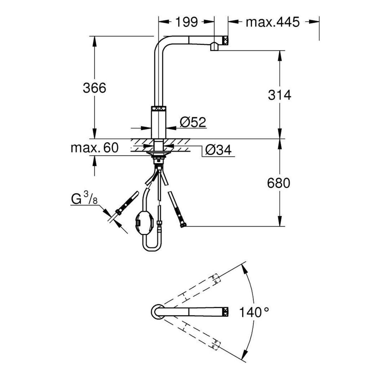 Technical drawing with dimensions for Grohe Minta L-Spout Tap SmartControl With Pull Out Spray in Polished Chrome
