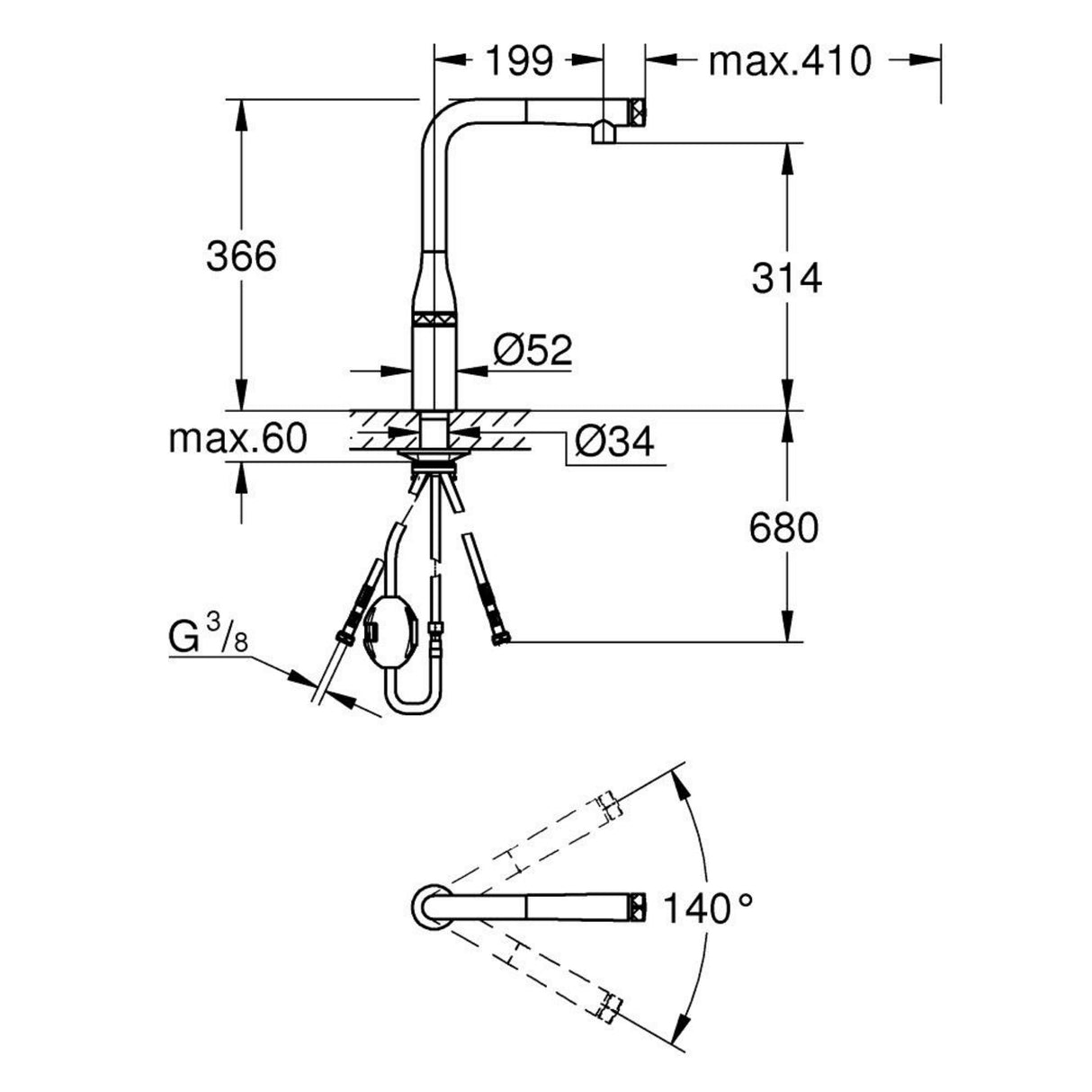 Technical drawing with dimensions for Grohe Essence L-Spout Tap  SmartControl with Pull Out Spray in Polished Chrome
