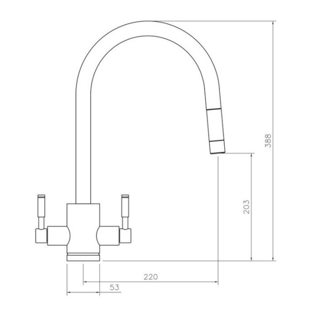 Technical Drawing with Dimensions for Rangemaster Aquatrend Pull Out Spray Mixer Tap with Dual Lever in Stainless Steel