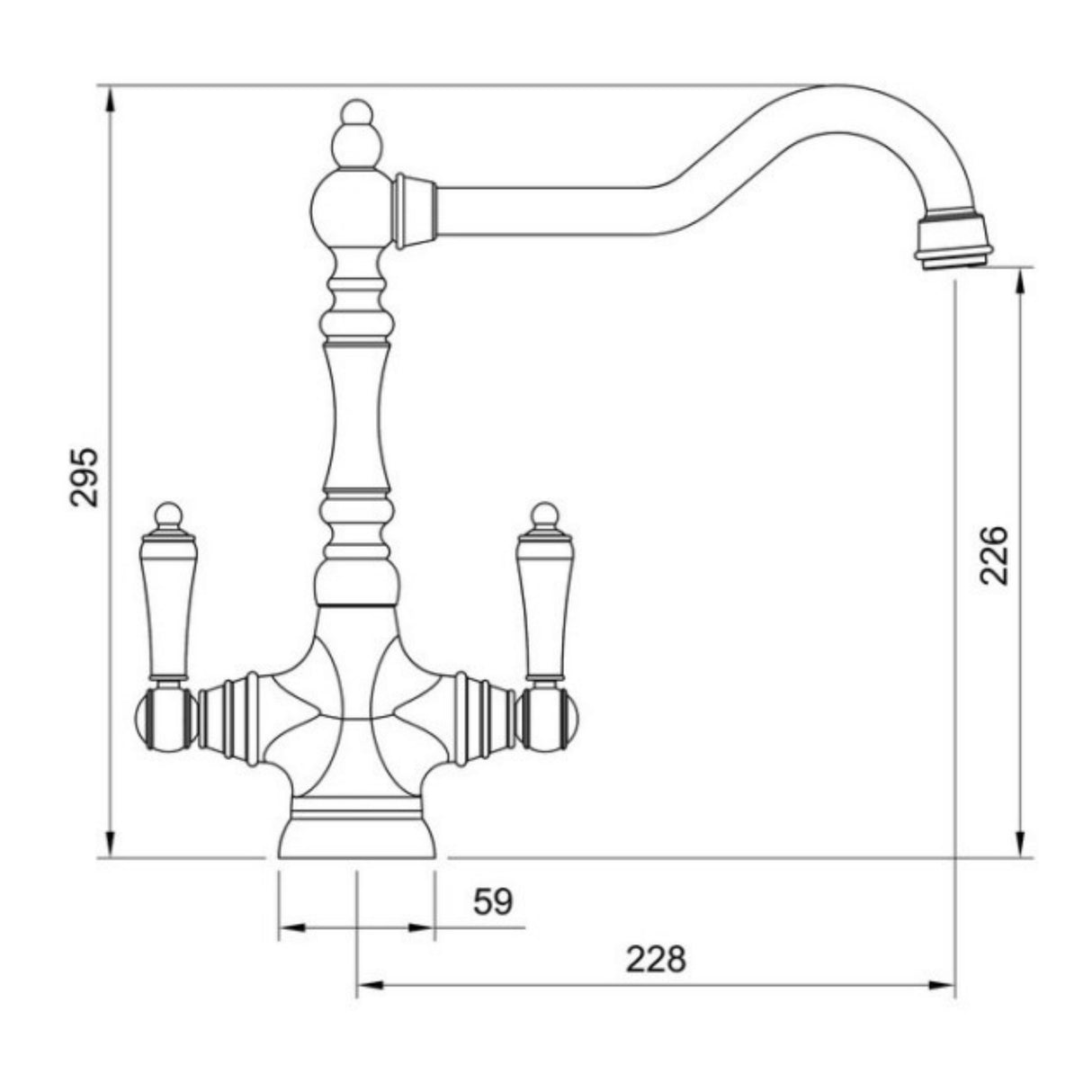 Technical Drawing with Dimensions for Rangemaster Waverly Mixer Tap with Dual Lever