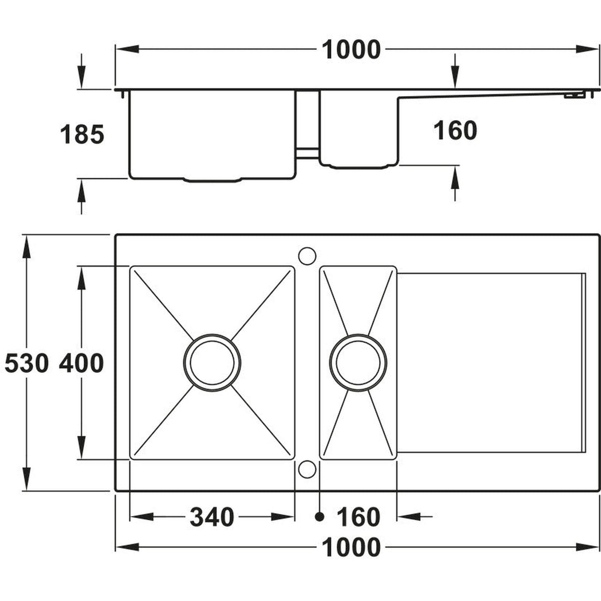 Technical Drawing with Dimensions for Abode Verve Inset Mount One and Half Bowl Kitchen Sink For 600mm Cabinet in Stainless Steel
