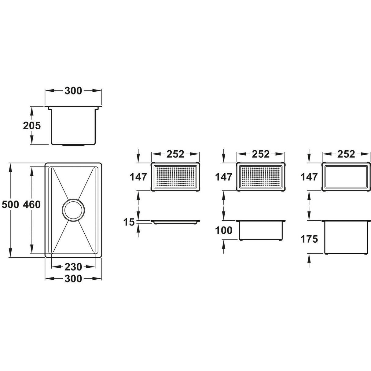 Technical Drawing with Dimensions for Abode Studio Compact Undermount and Inset Single Bowl Kitchen Sink with Accessories