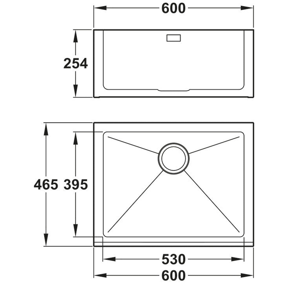 Technical Drawing with Dimensions for Abode Belfast Mount Single Bowl Kitchen Sink For 600mm Cabinet in Stainless Steel
