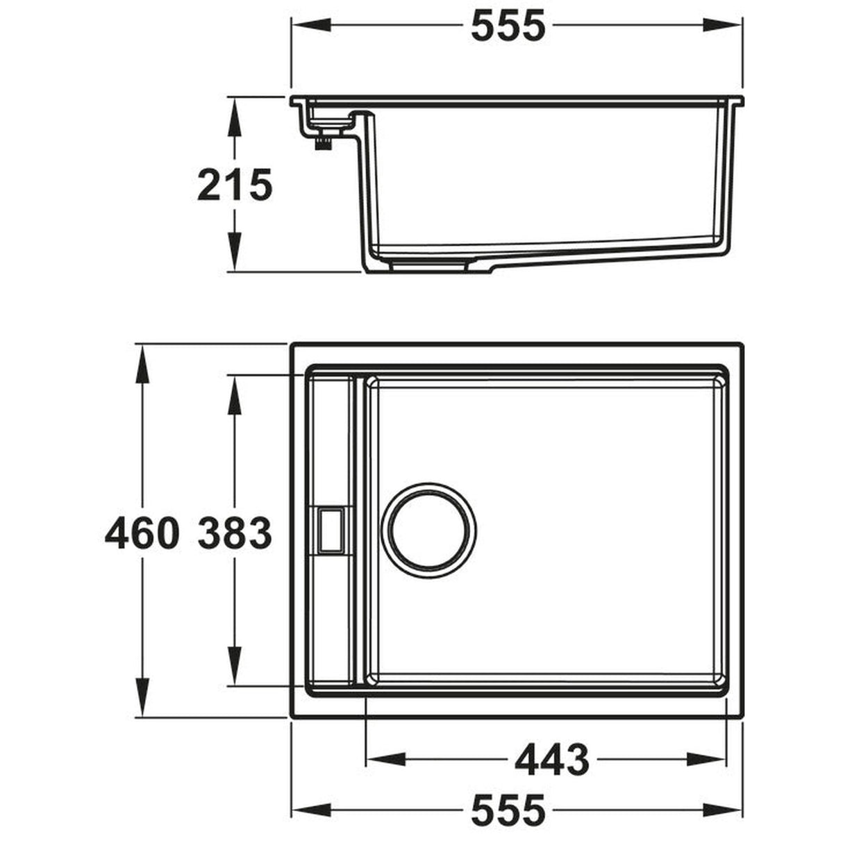 Technical Drawing with Dimensions for Abode Synchronist Undermount Inset mount One And Quarter Bowl Kitchen Sink For 600mm Cabinet in Composite